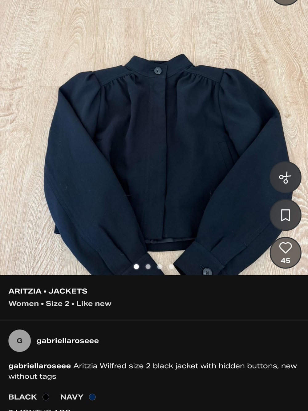 Aritzia Black Cropped Mandarined Collar Jacket